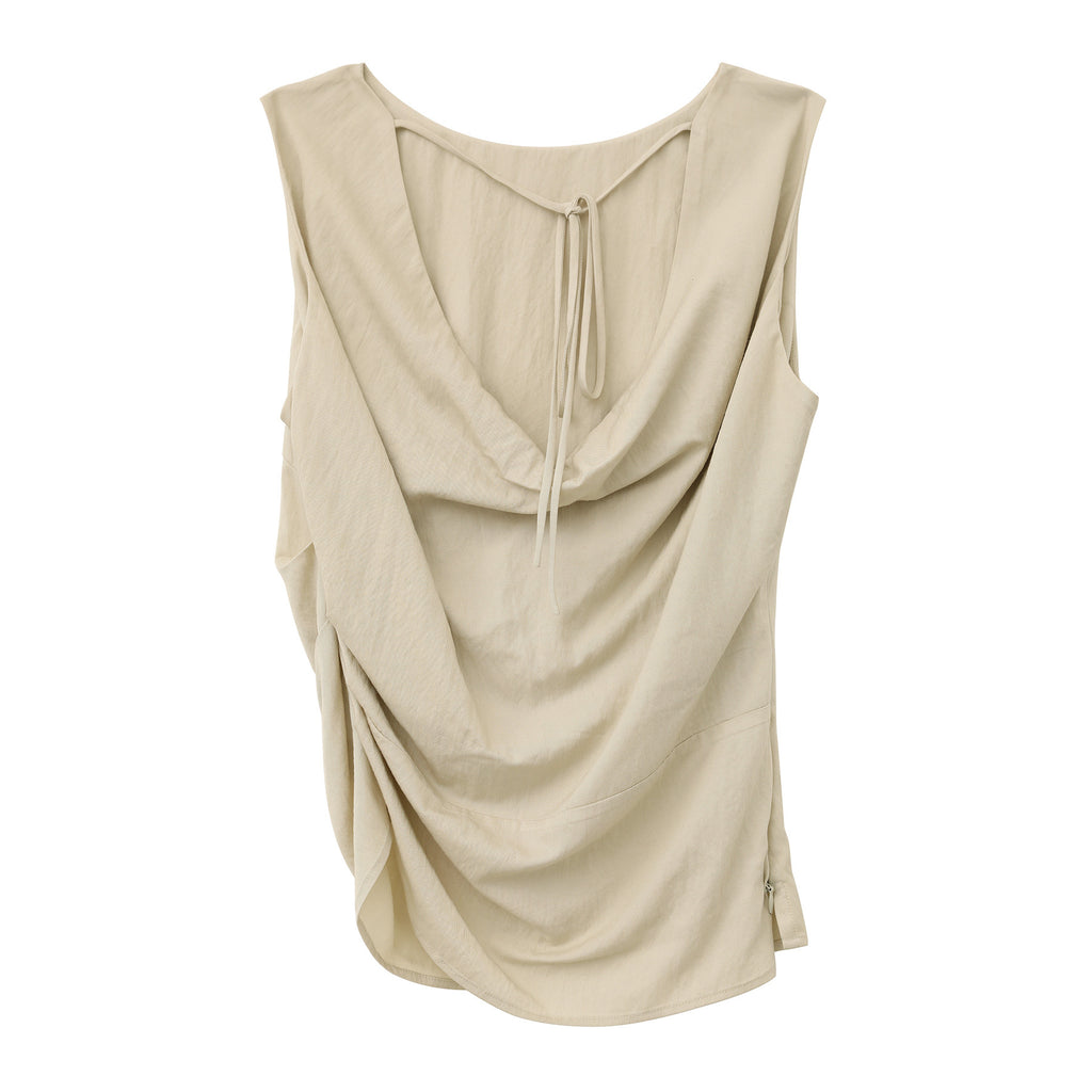 Crew Neck Sleeveless Hollow Back Side Ruched Tank Top