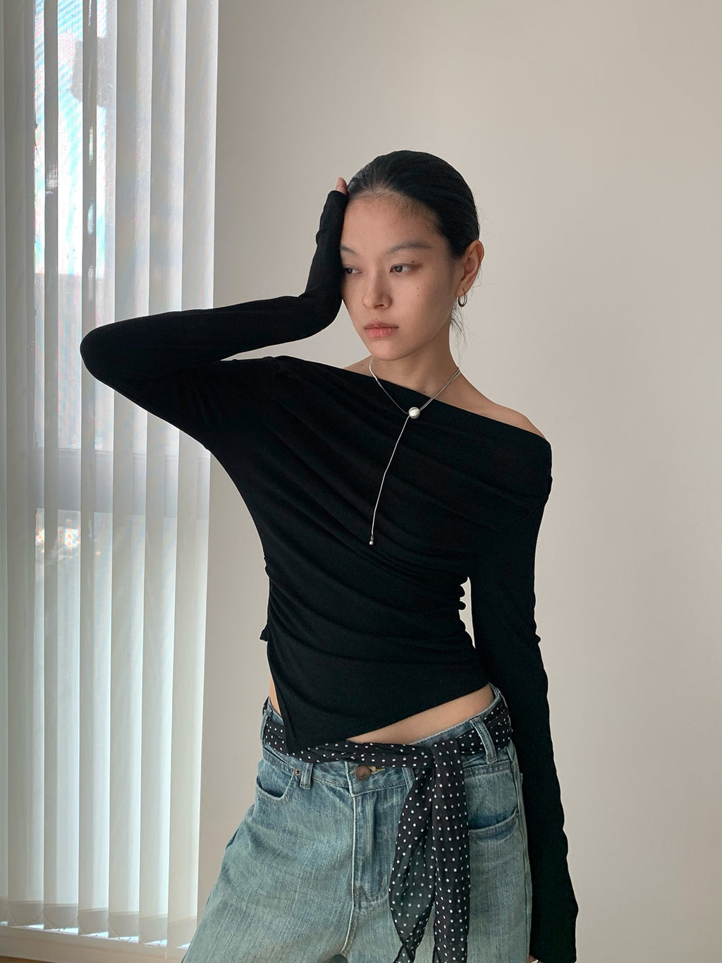 Mock Neck Ribbed Long Sleeve Cutout Top