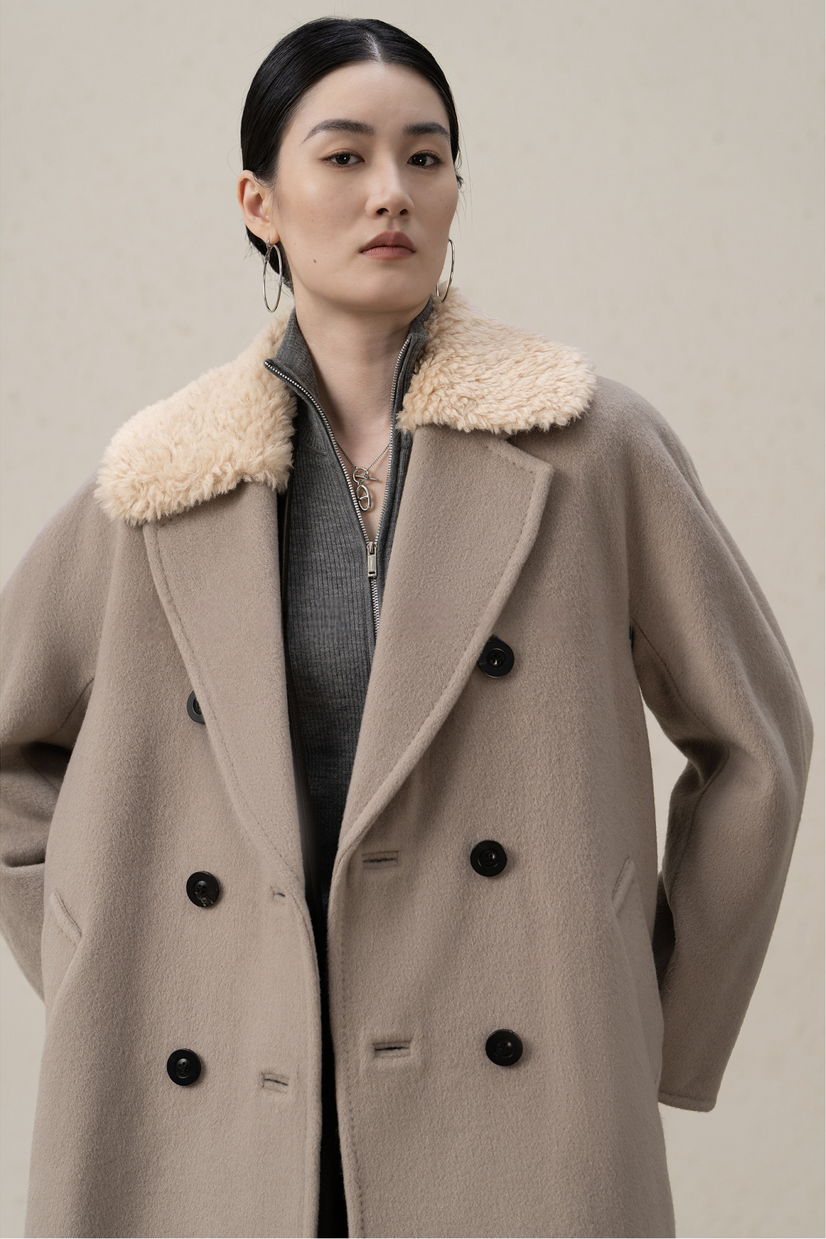 Double-Breasted Merino Wool & Cashmere Coat with Shearling Collar
