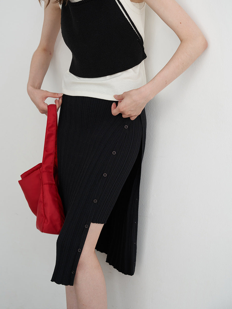 Ribbed Knit Midi Buttoned-Side Slim Skirt