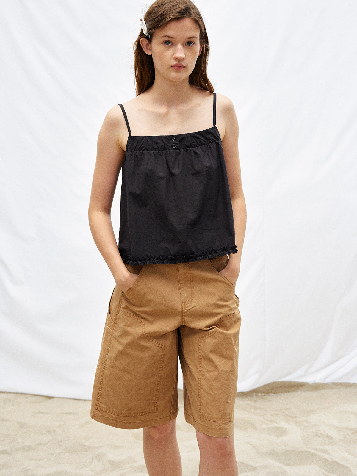 Cotton Buttoned Square Neck Tank Top