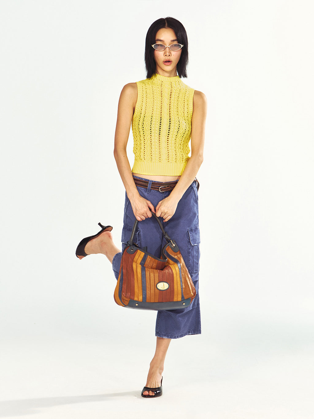 Openwork Knit Mock Neck Sleeveless Sweater Top