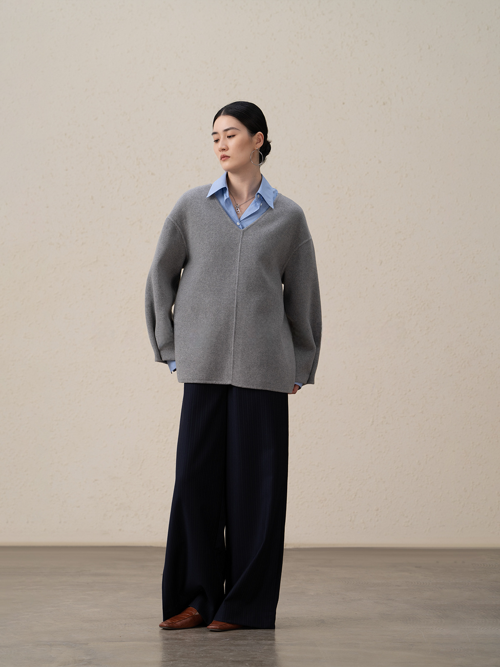 Merino Wool & Cashmere Double-Sided V-neck Coat