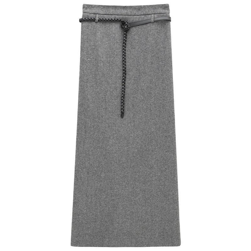 Hepburn Style Wool Straight Cut Maxi Skirt with Stylish Rope Belt