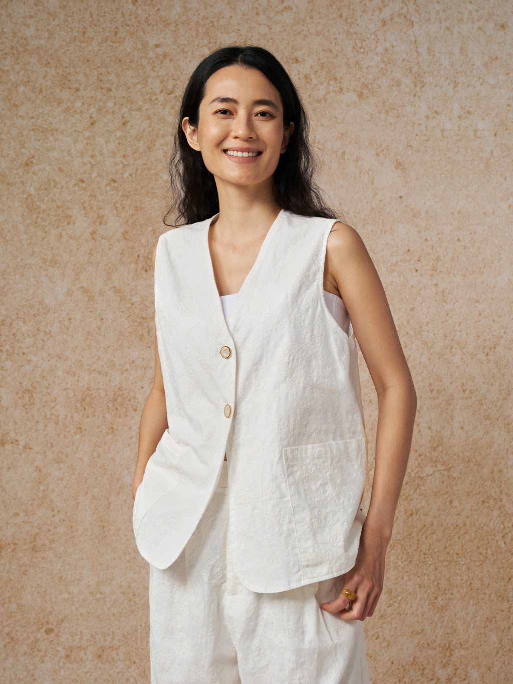 Textured V-neck Sleeveless Vest