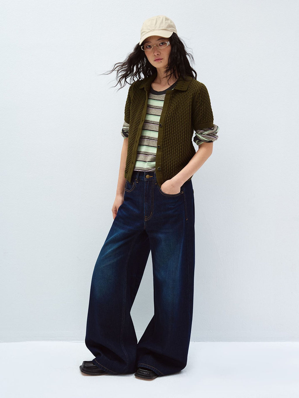 Textured Cotton Short-sleeve Coarse Knit Cardigan Sweater