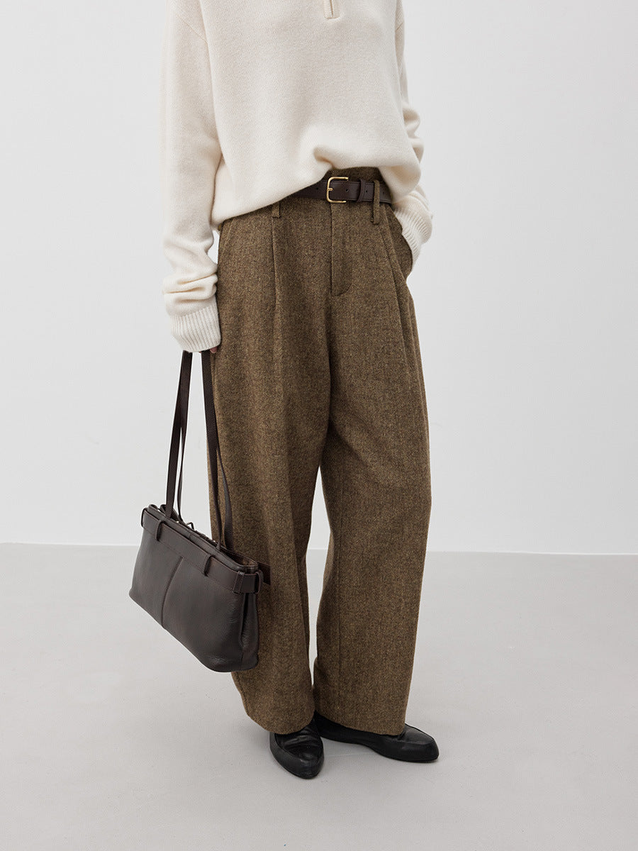 Smooth Minimalist Tweed Style Wool Pants with Belts