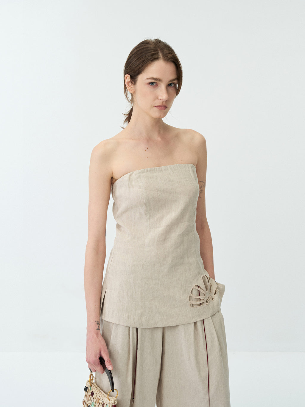 Linen Embroidered Hollow Tube Top