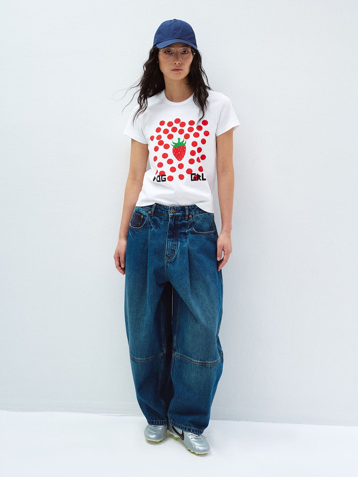 Polka Dot Strawberry Print Crew Neck Cotton T-Shirt Top