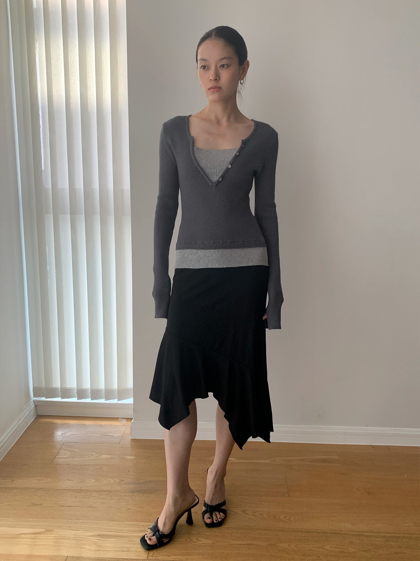 Illusion Two Tops V-Neck Ribbed Long Sleeve Top