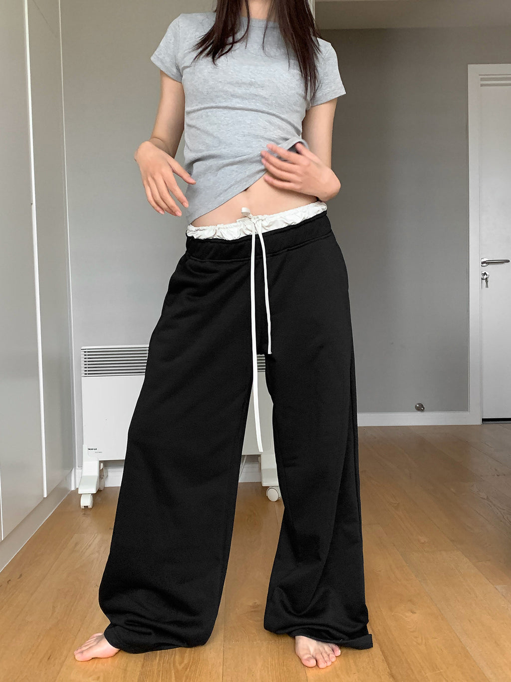 Spliced Waist Contrasting Wide-leg Elastic Waist Sweatpants