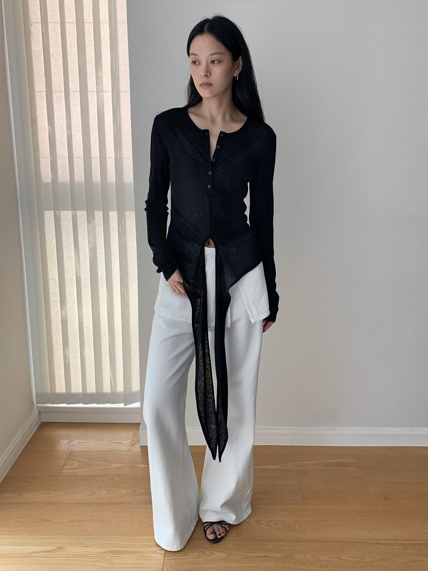 Lightweight Sheer Slim Fit Strap Long Sleeve Cardigan T-shirt with Half Neck Button