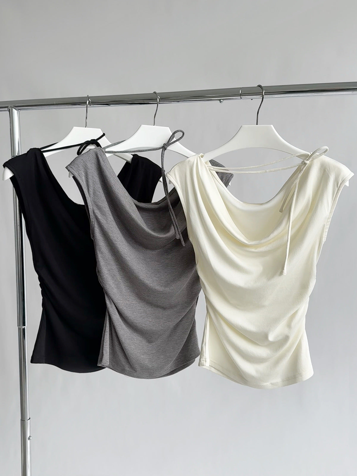 Cowl Neck Strap Detail Ruched Sleeveless Top