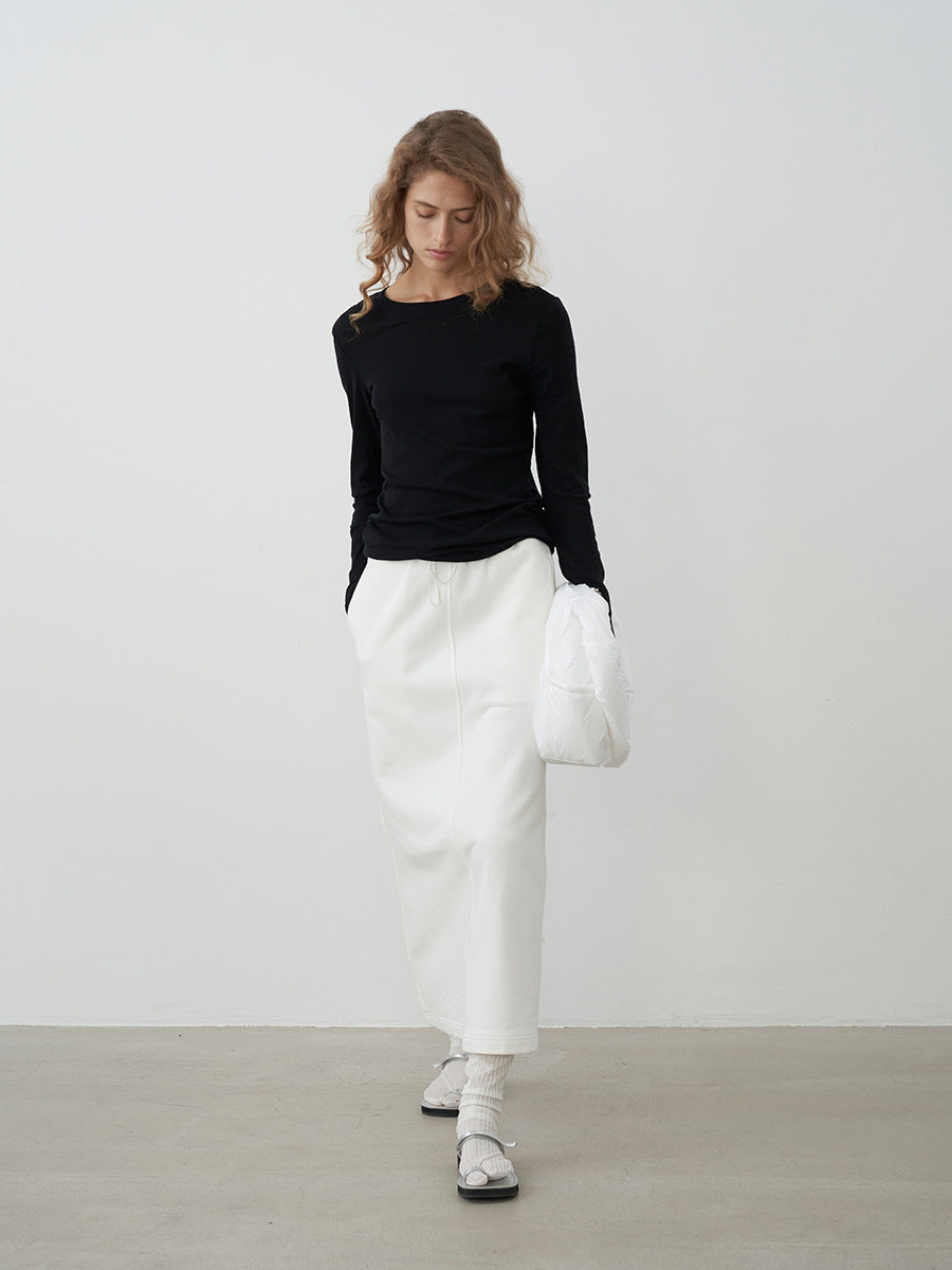 Pure Cotton Elastic Waist Slit Casual Midi Skirt
