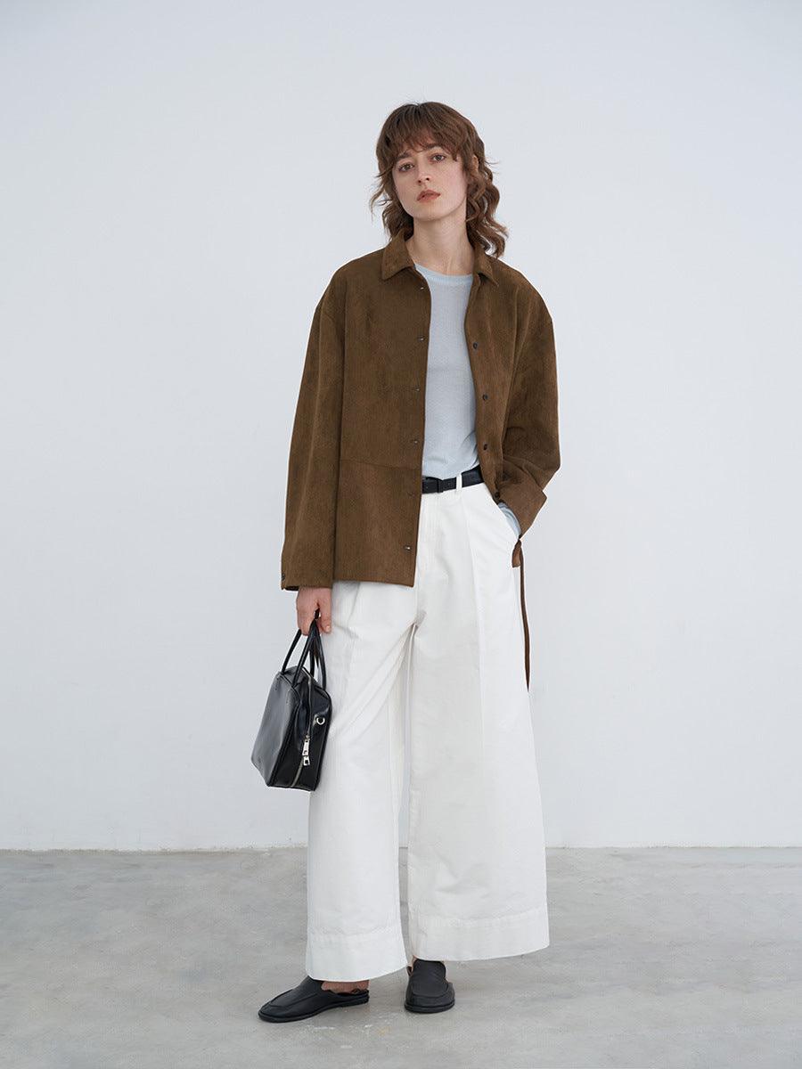 Wide-Leg Front Pleats Trousers with Belt