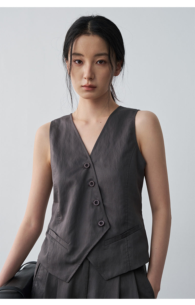 Minimalist Tencel V-neck Diagonal Vest Waist-cinching Sleeveless Top