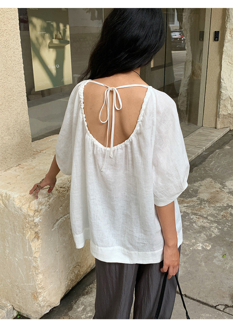 Round Neck Long-sleeve Hollow-out Embroidered Breathable Linen Shirt