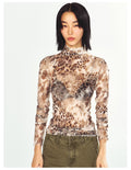 Vintage Style Print Mesh Base Layer Long-sleeve Top