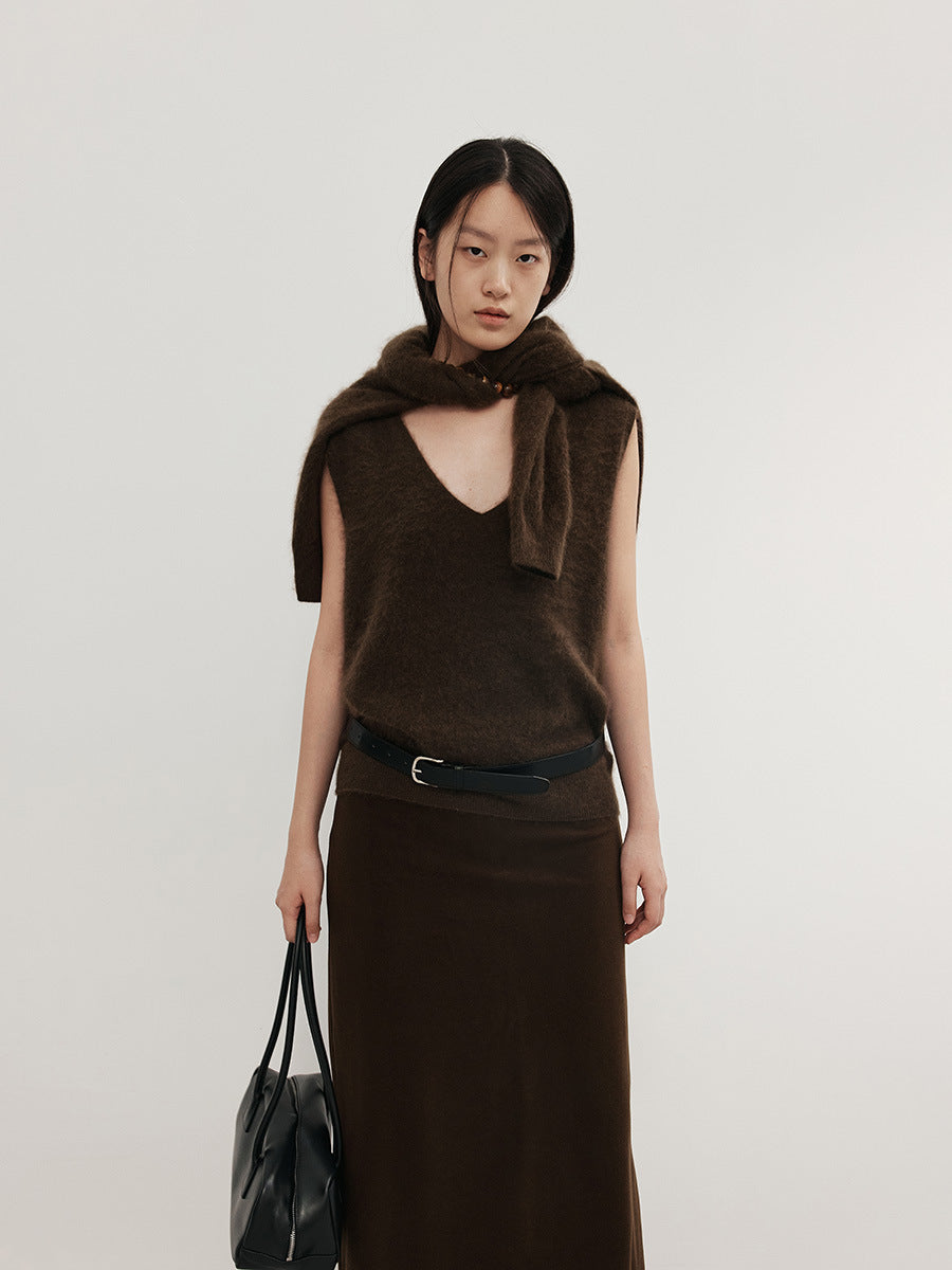 Fuzzy Wool Cashmere V-Neck Sleeveless Sweater Vest