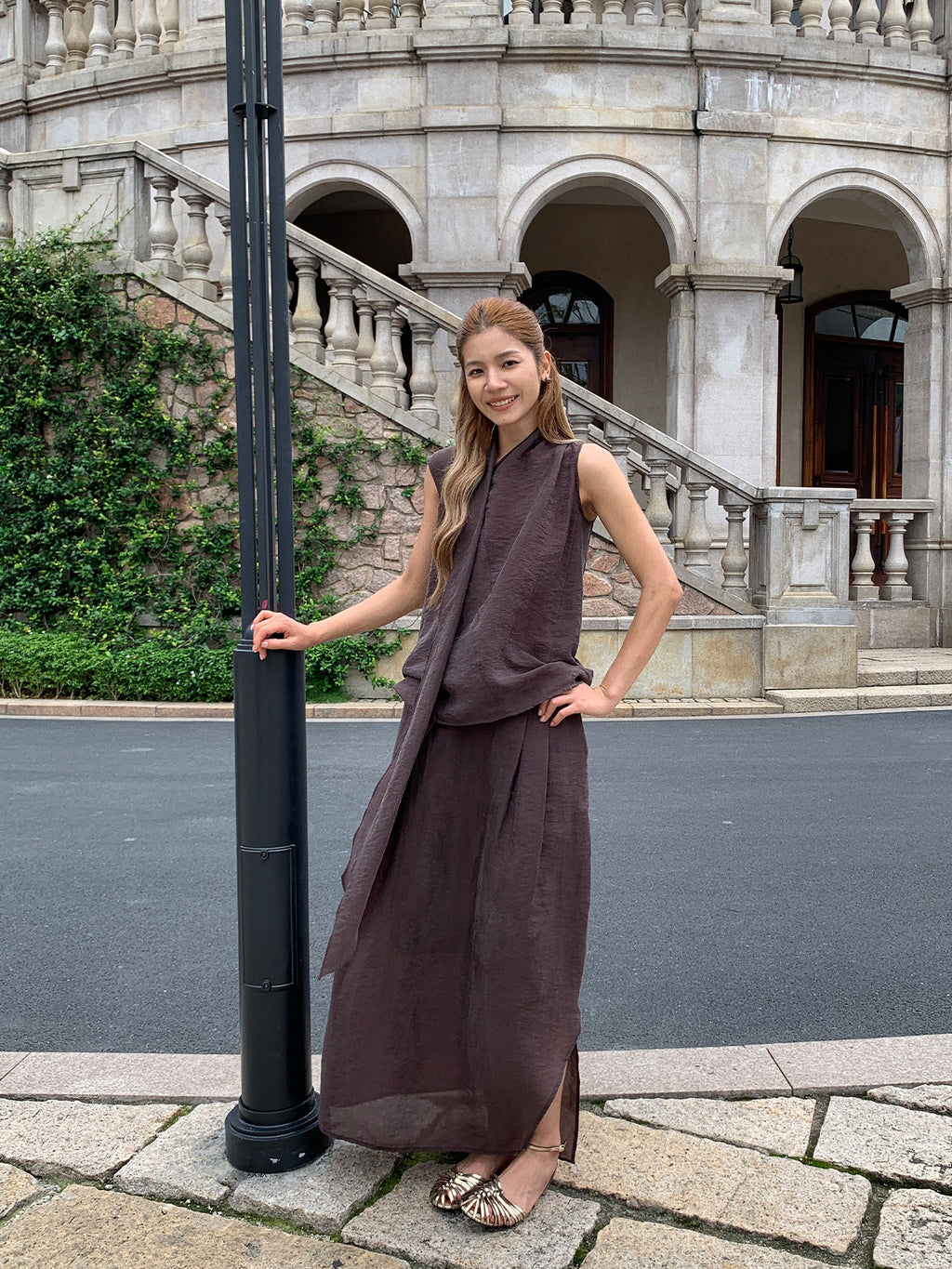 Irregular Pleated Flowing Maxi Skirt