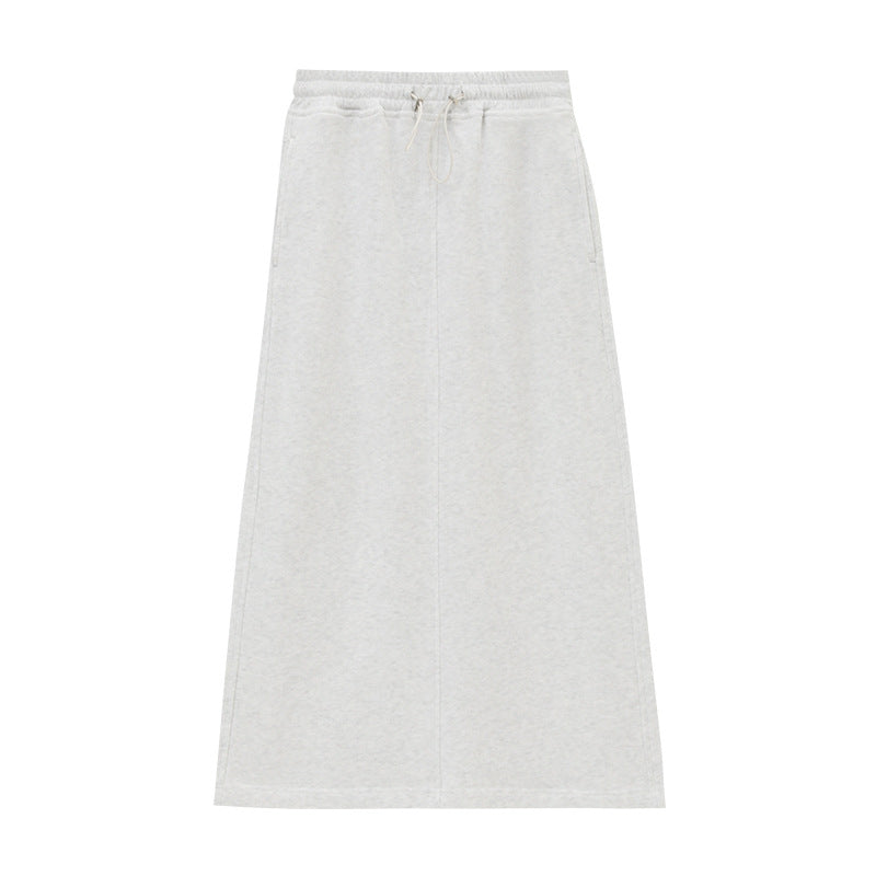 Pure Cotton Elastic Waist Slit Casual Midi Skirt