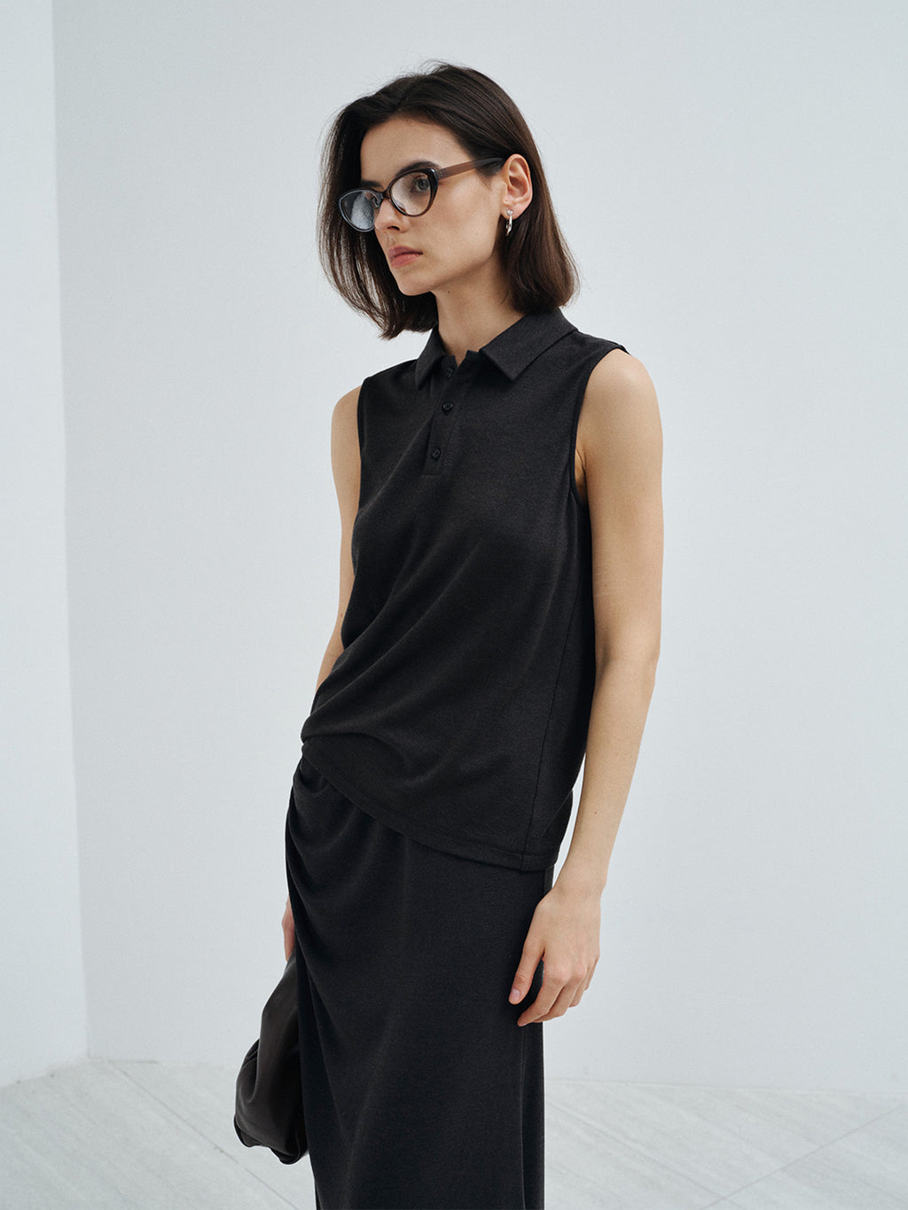 Soft Skin-Fit Modal Wool Knit Polo Collar Top