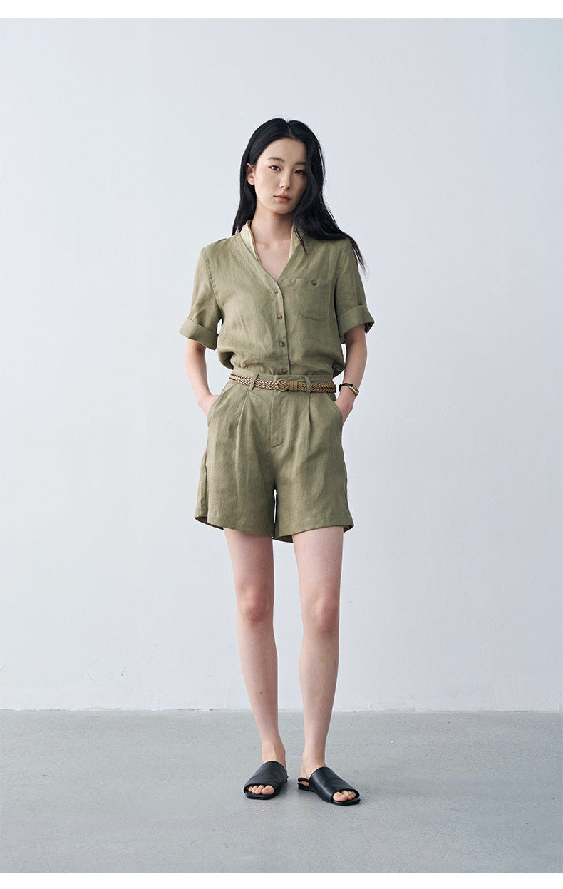 Linen Pleated Straight Casual A-Line Shorts