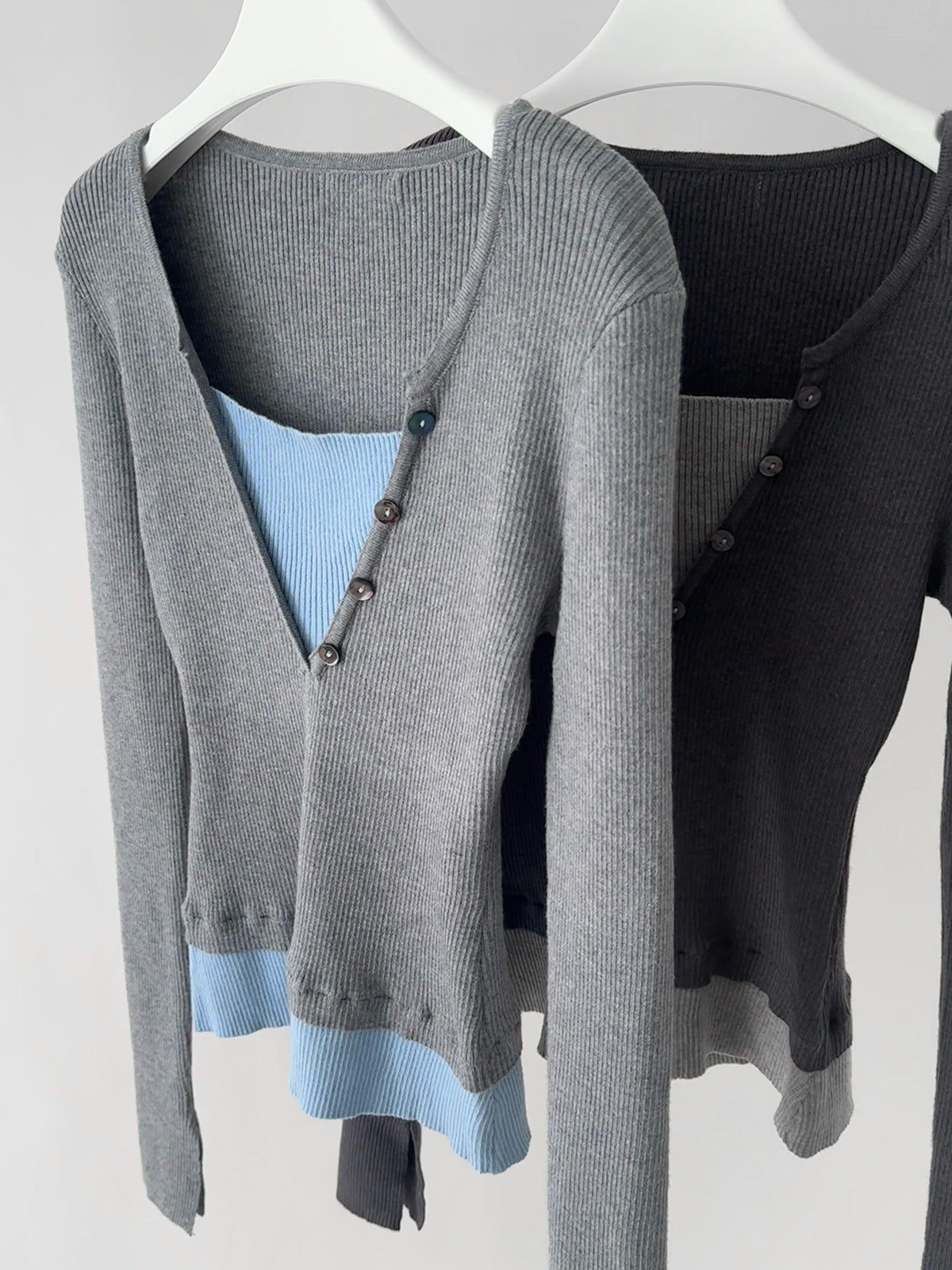 Illusion Two Tops V-Neck Ribbed Long Sleeve Top