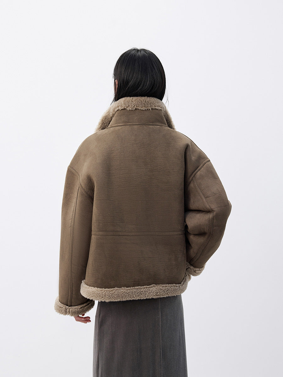 Stand Collar Faux Fur Smooth Coat