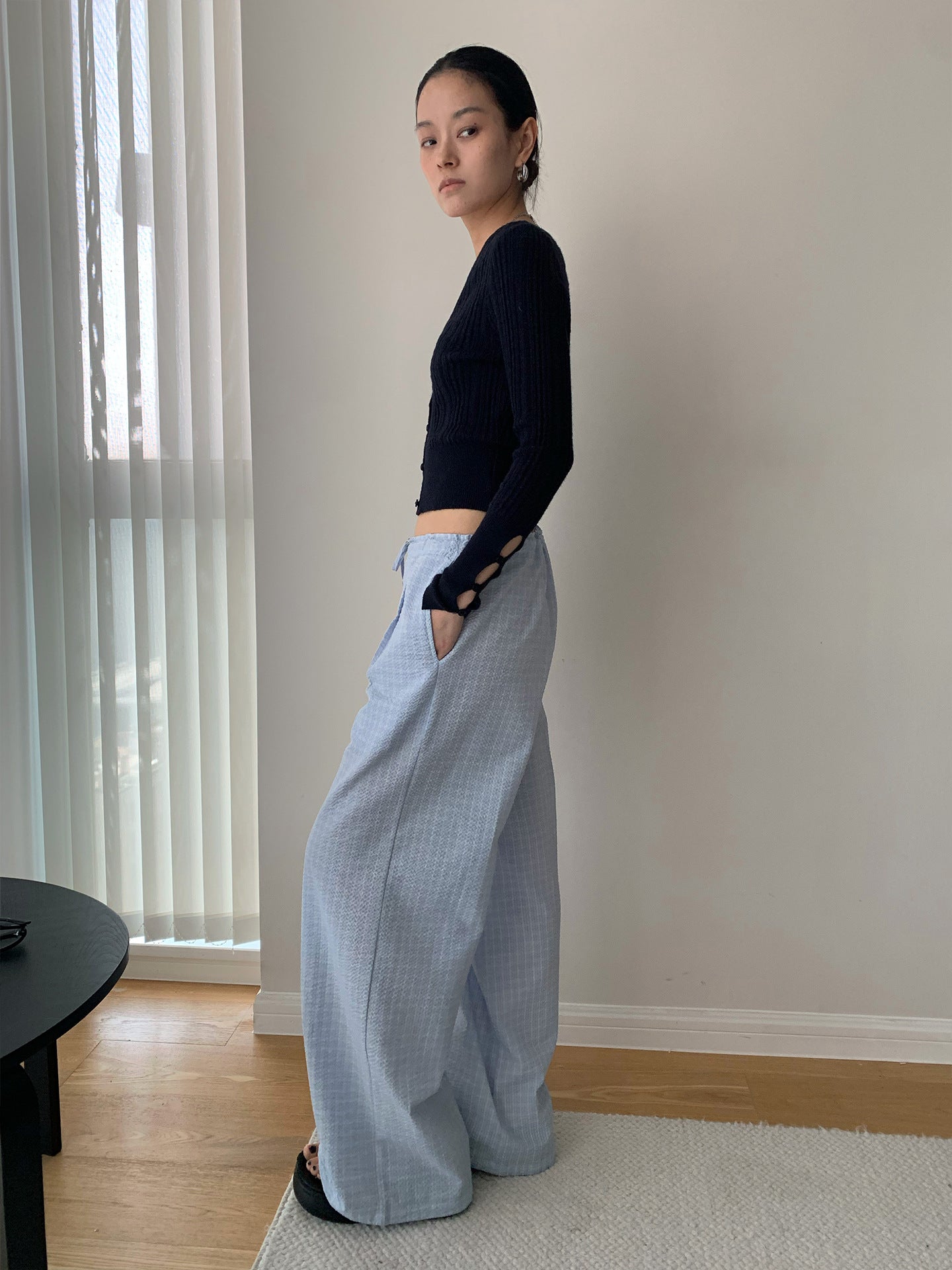 Drawstring Plaid Wide-leg Low-rise Pants