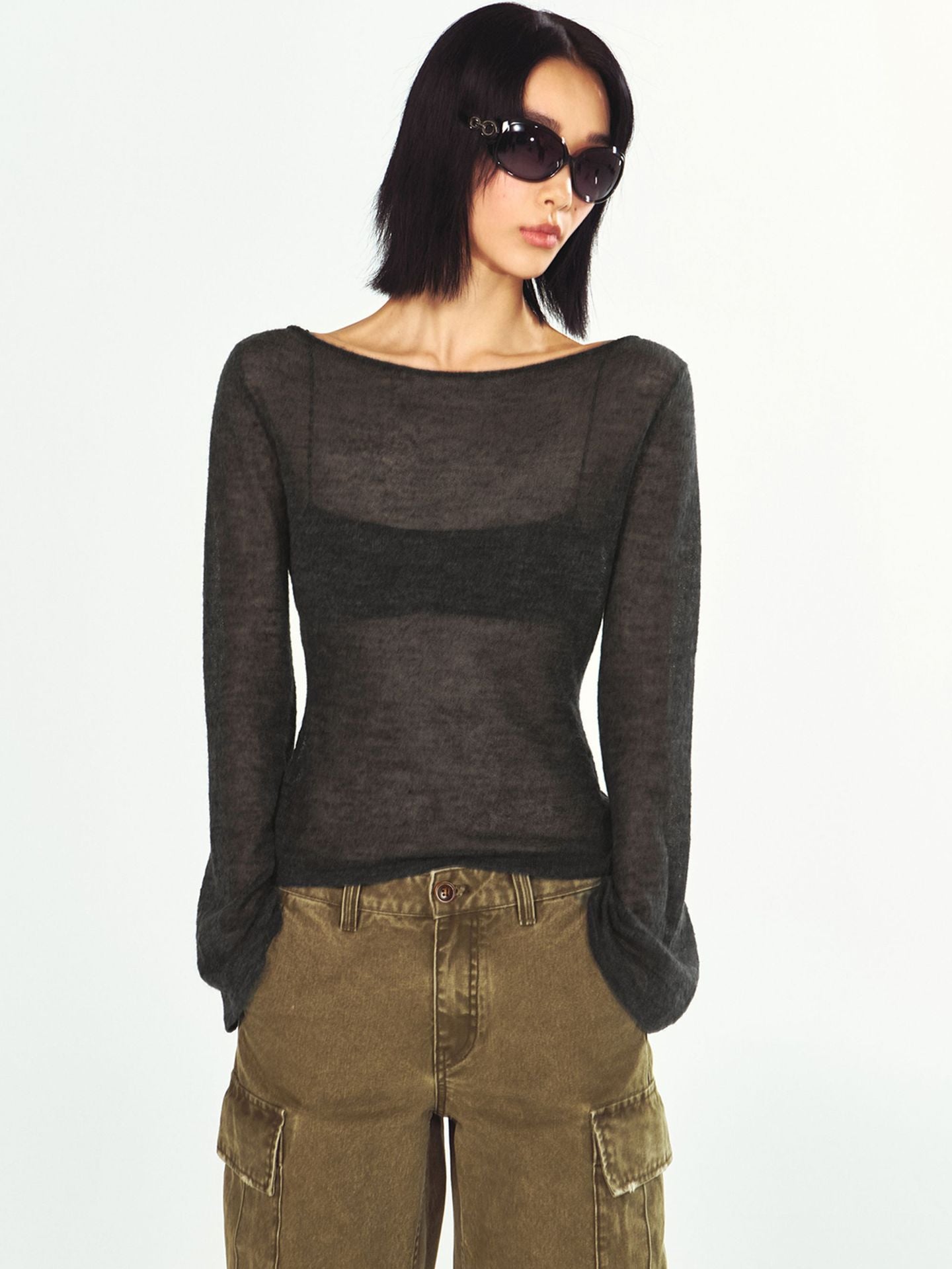 Ultra-fine Sheer Long-sleeve Boat-neck Knit Top