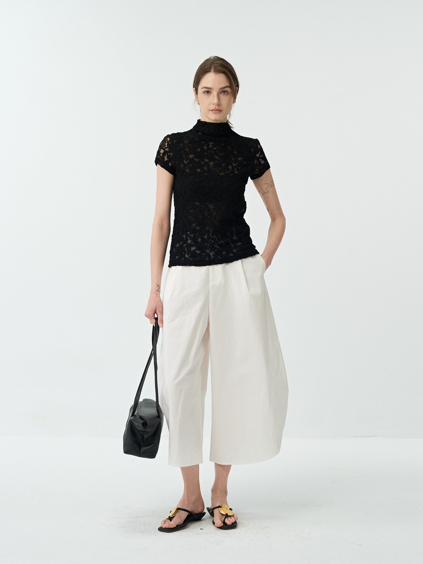 Lace Stand-collar Cut-out T-shirt Top