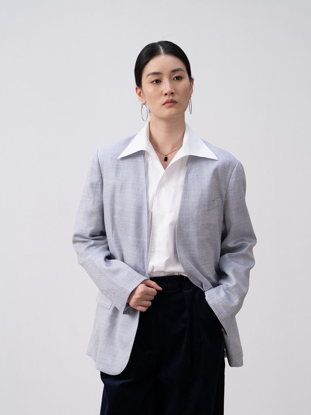Premium Ramie Loose Oversized Suit Blazer and V-Neck Top