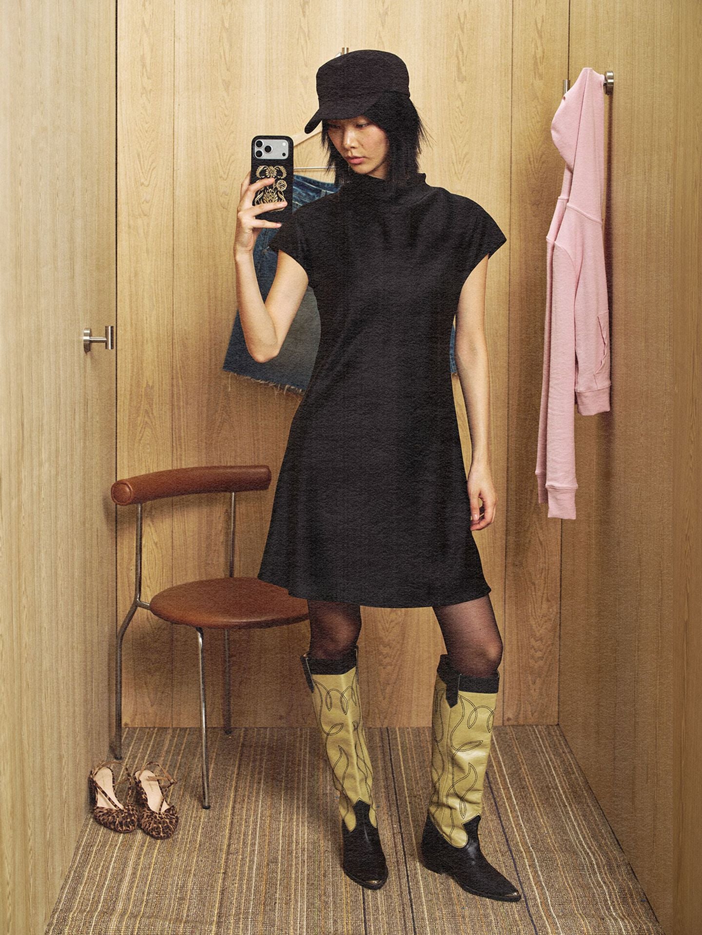 Mid-turtleneck Short-Sleeve Satin Dress