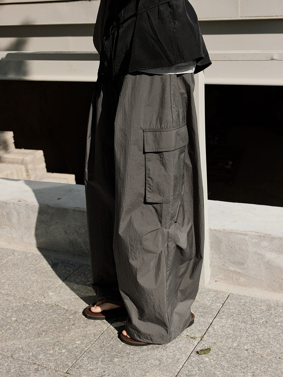 Drawstring Wide-Leg Nylon Cargo Pants