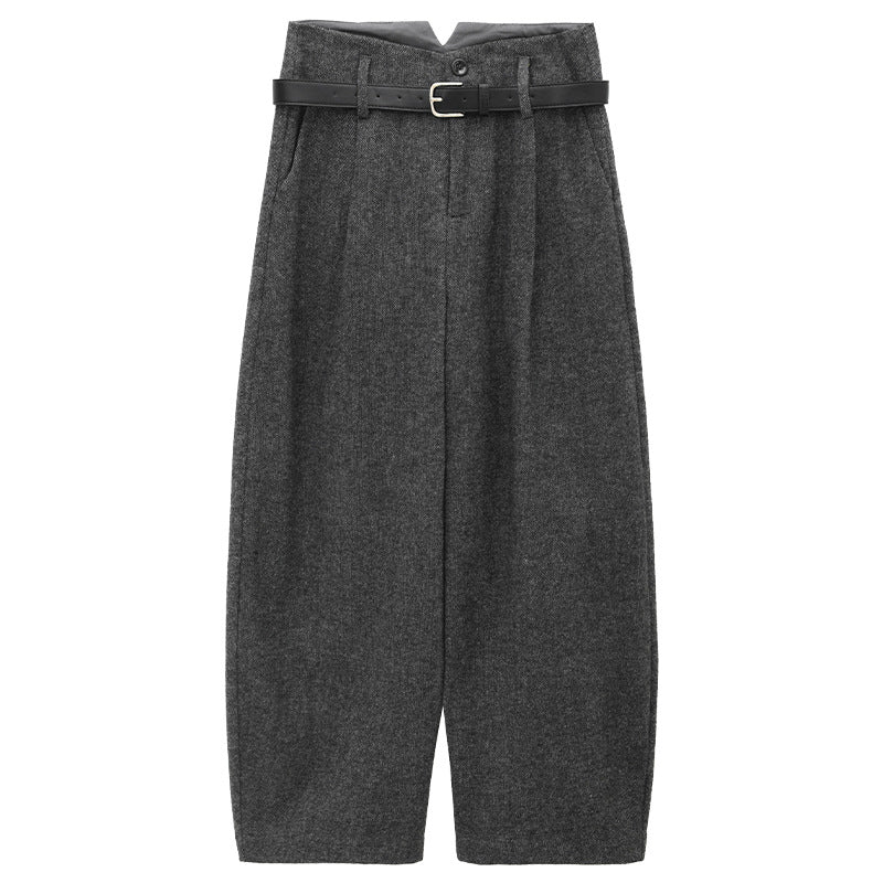 Smooth Minimalist Tweed Style Wool Pants with Belts