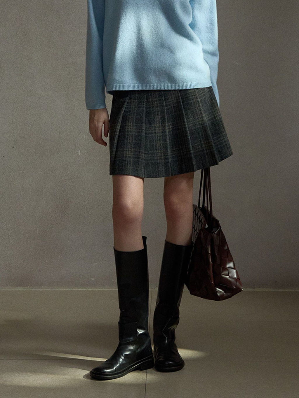 Wool Vintage Style Plaid Pleated Short Skirt