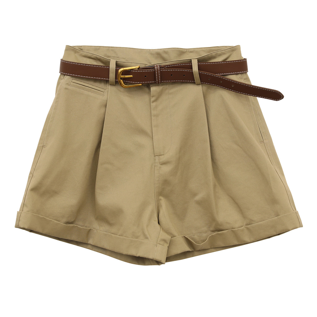 Pleated Mid-rise Rolled Edge Straight Leg Shorts
