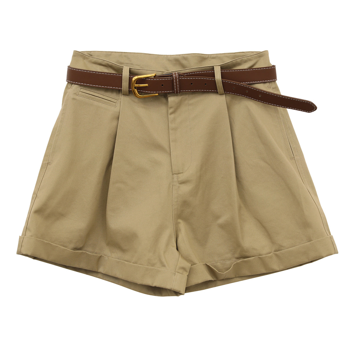 Pleated Mid-rise Rolled Edge Straight Leg Shorts