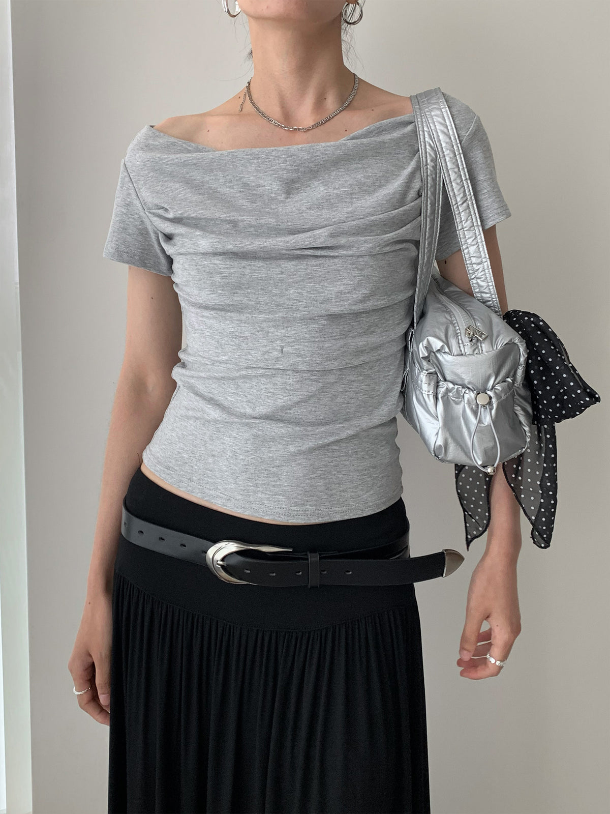 Draped Boat Neck Ruched Fitted T-Shirt