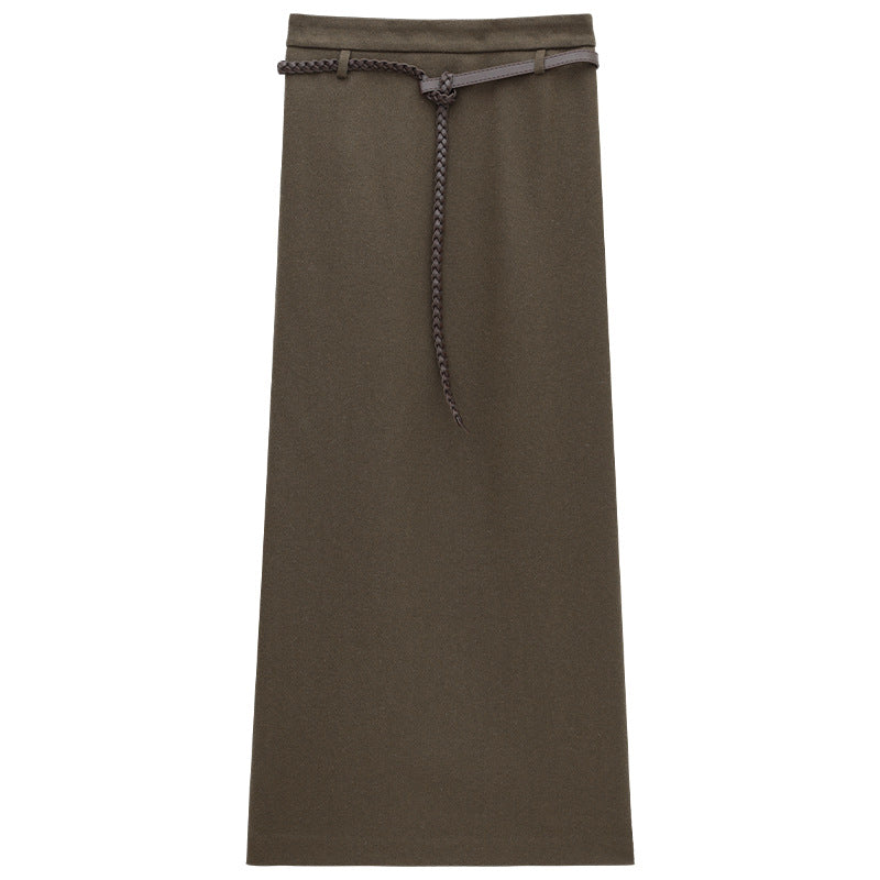 Hepburn Style Wool Straight Cut Maxi Skirt with Stylish Rope Belt