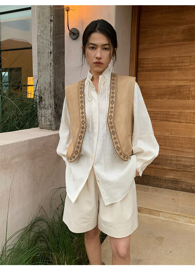 Linen Casual Wide-leg Belt Shorts