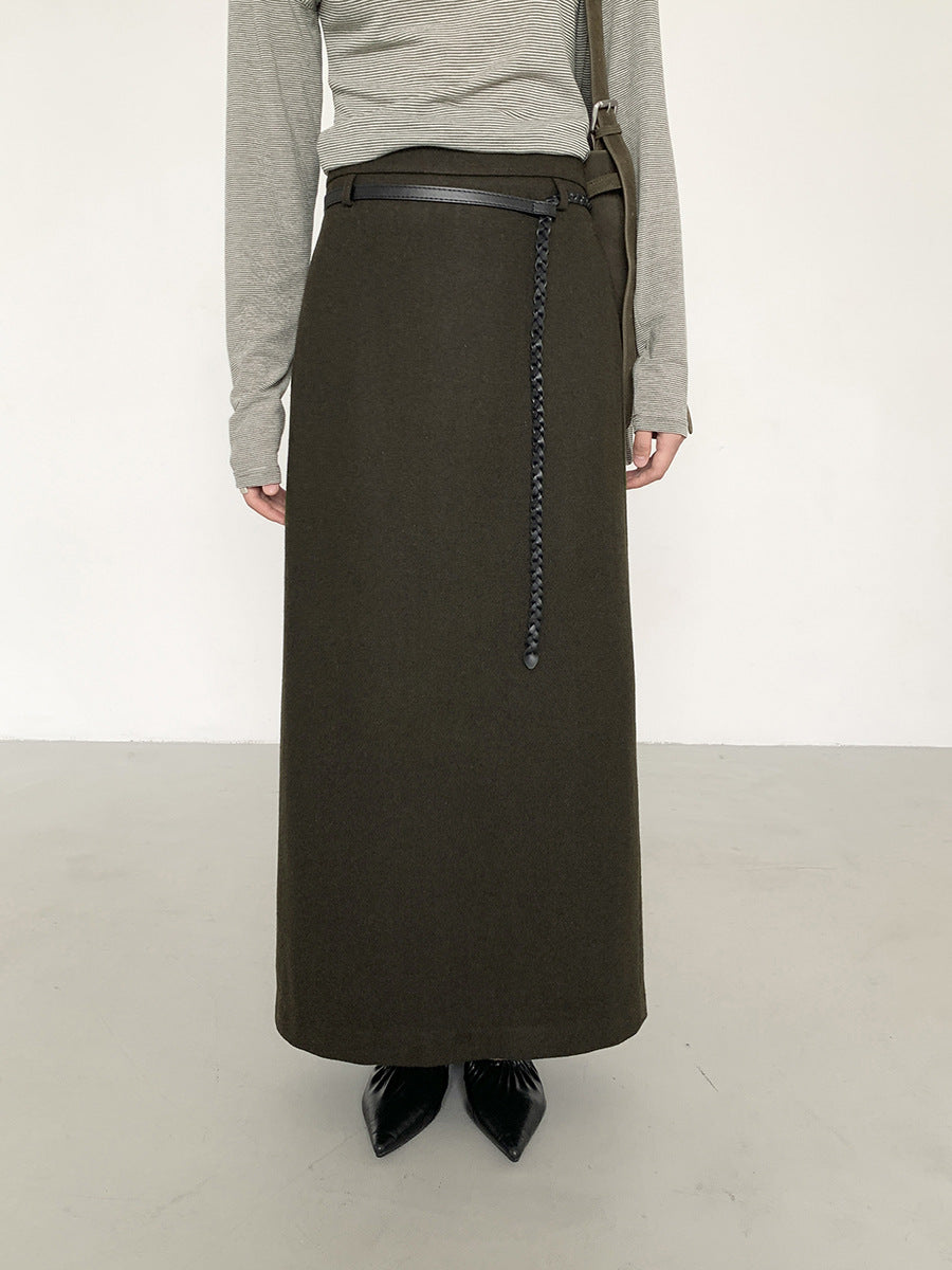 Hepburn Style Wool Straight Cut Maxi Skirt with Stylish Rope Belt