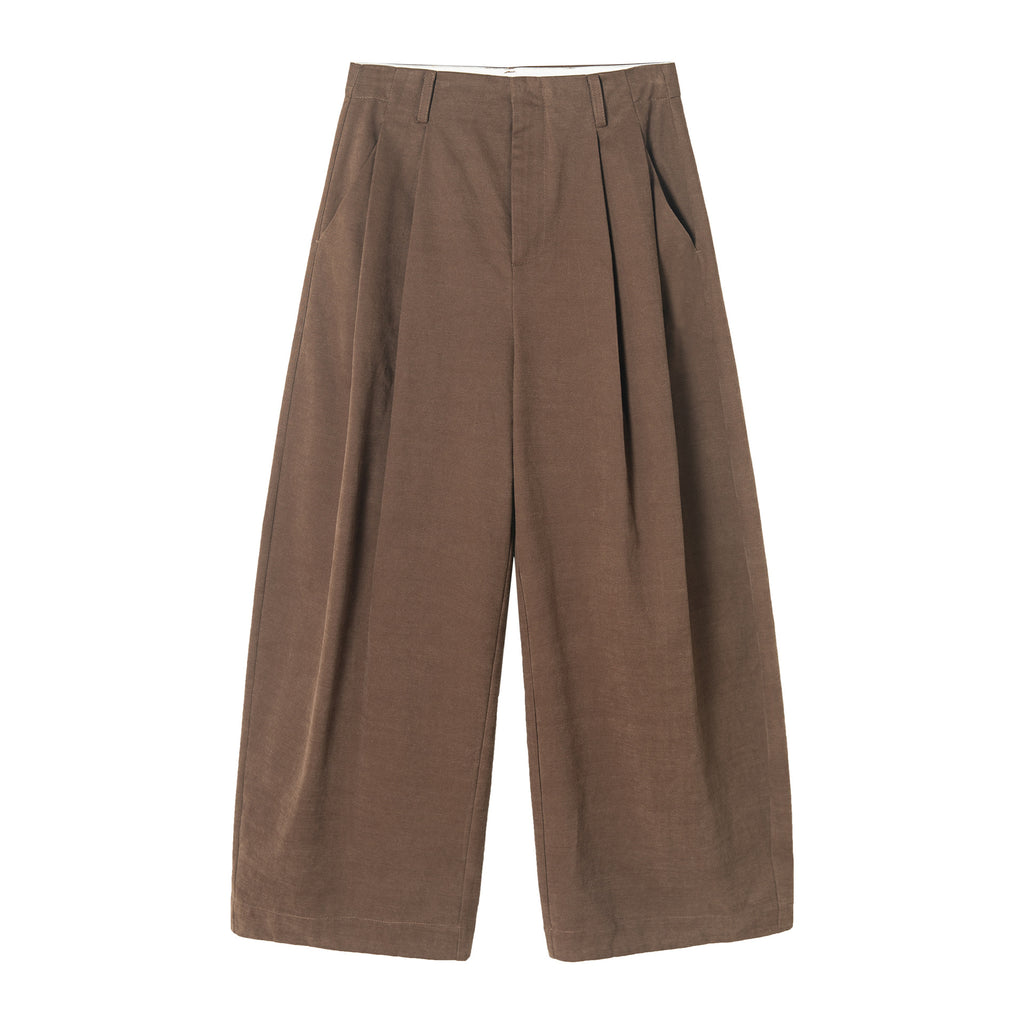 High-waisted Cotton Brushed Curved Baggy Pleated Pants
