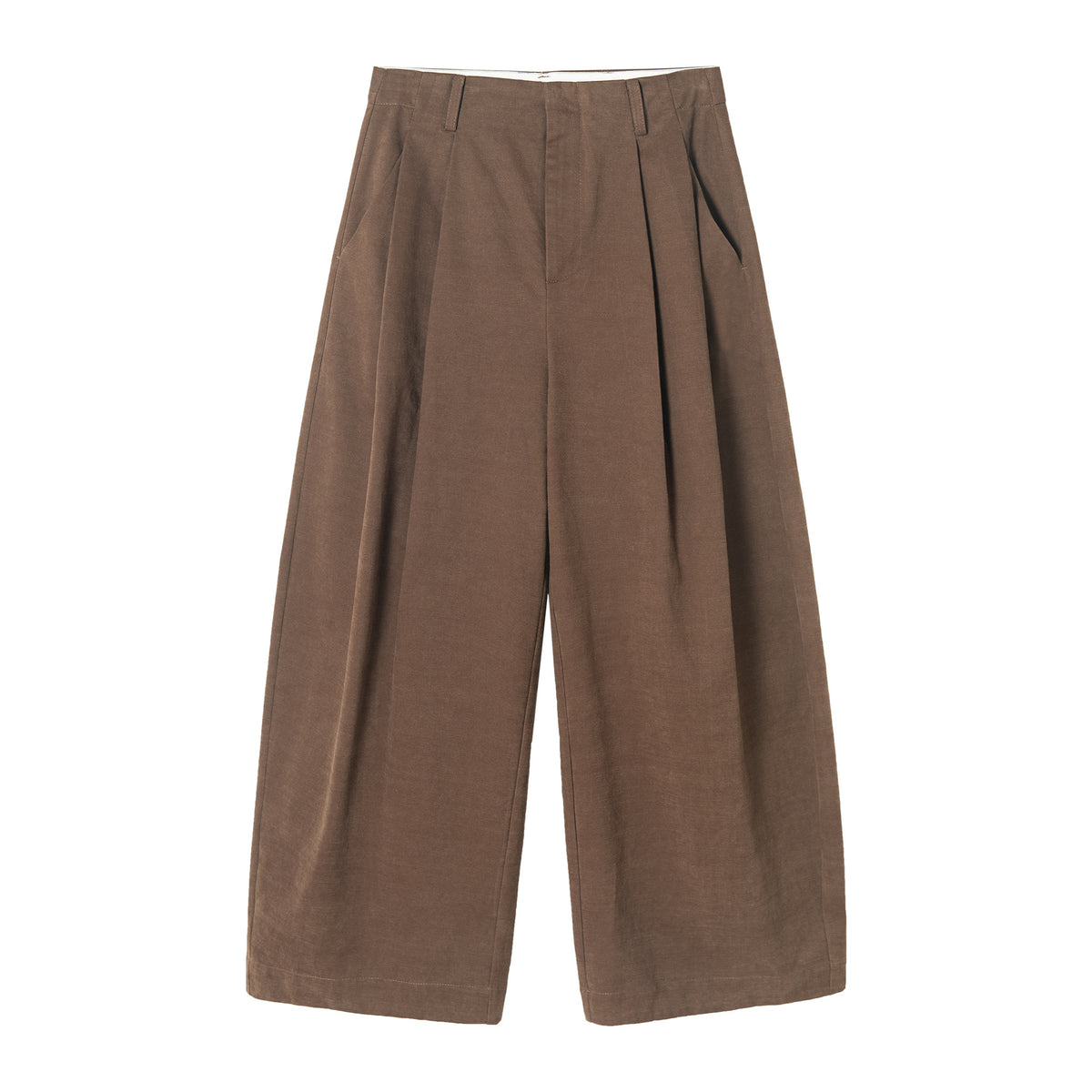 High-waisted Cotton Brushed Curved Baggy Pleated Pants