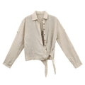 Linen Lapel Hem Waist-Cinching Two-Piece Long-Sleeve Shirt
