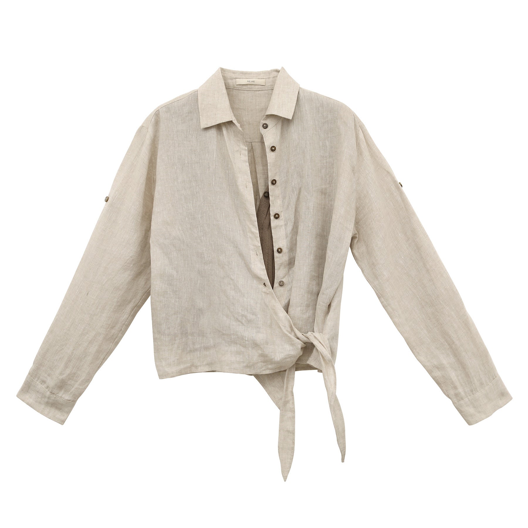 Linen Lapel Hem Waist-Cinching Two-Piece Long-Sleeve Shirt