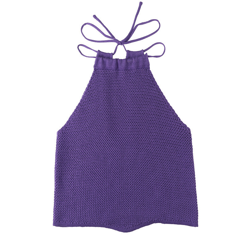 Backless Cotton Knit Drawstring Halter Neck Camisole Top