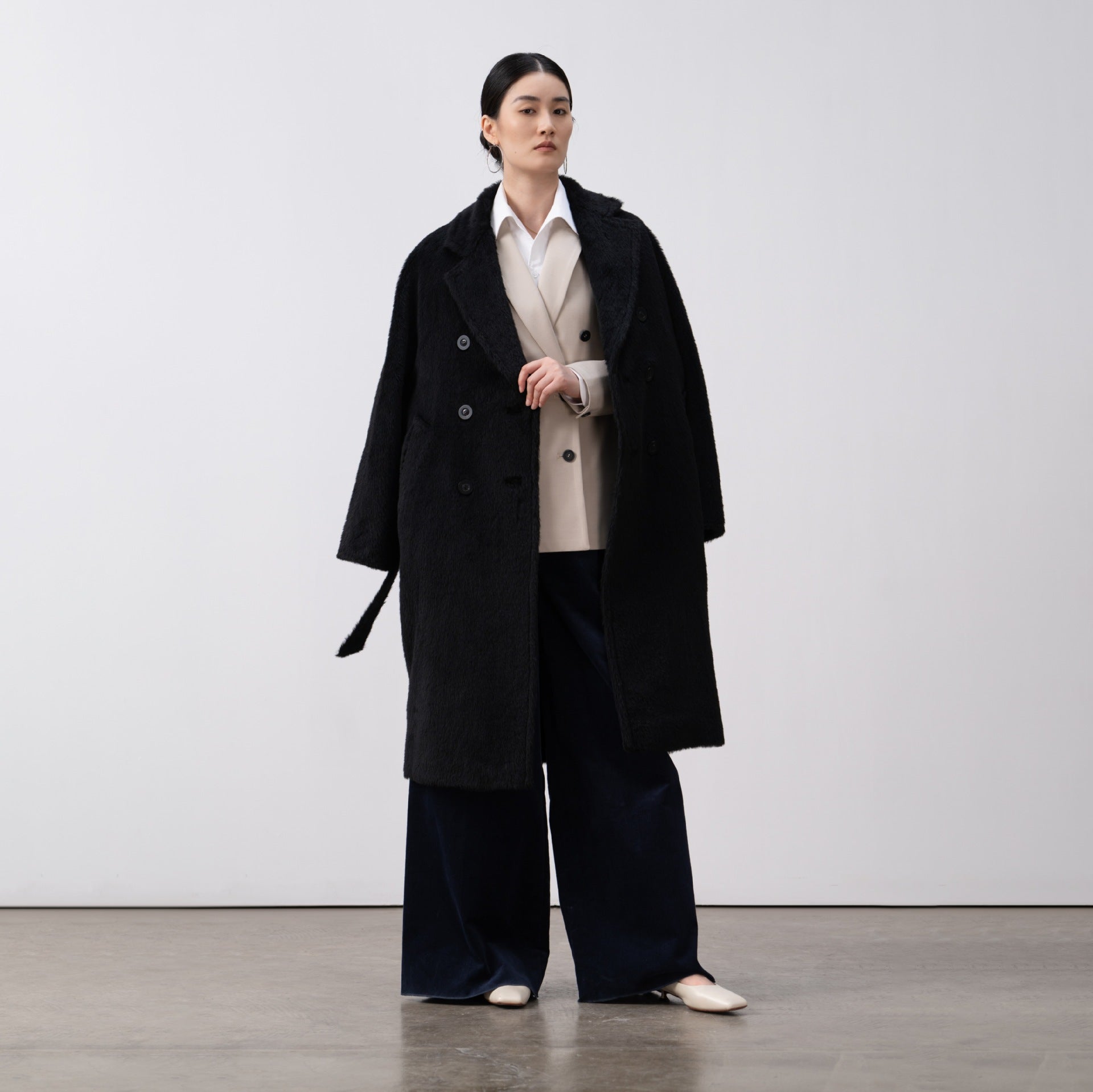 Merino Wool Fluffy Belted Long Coat