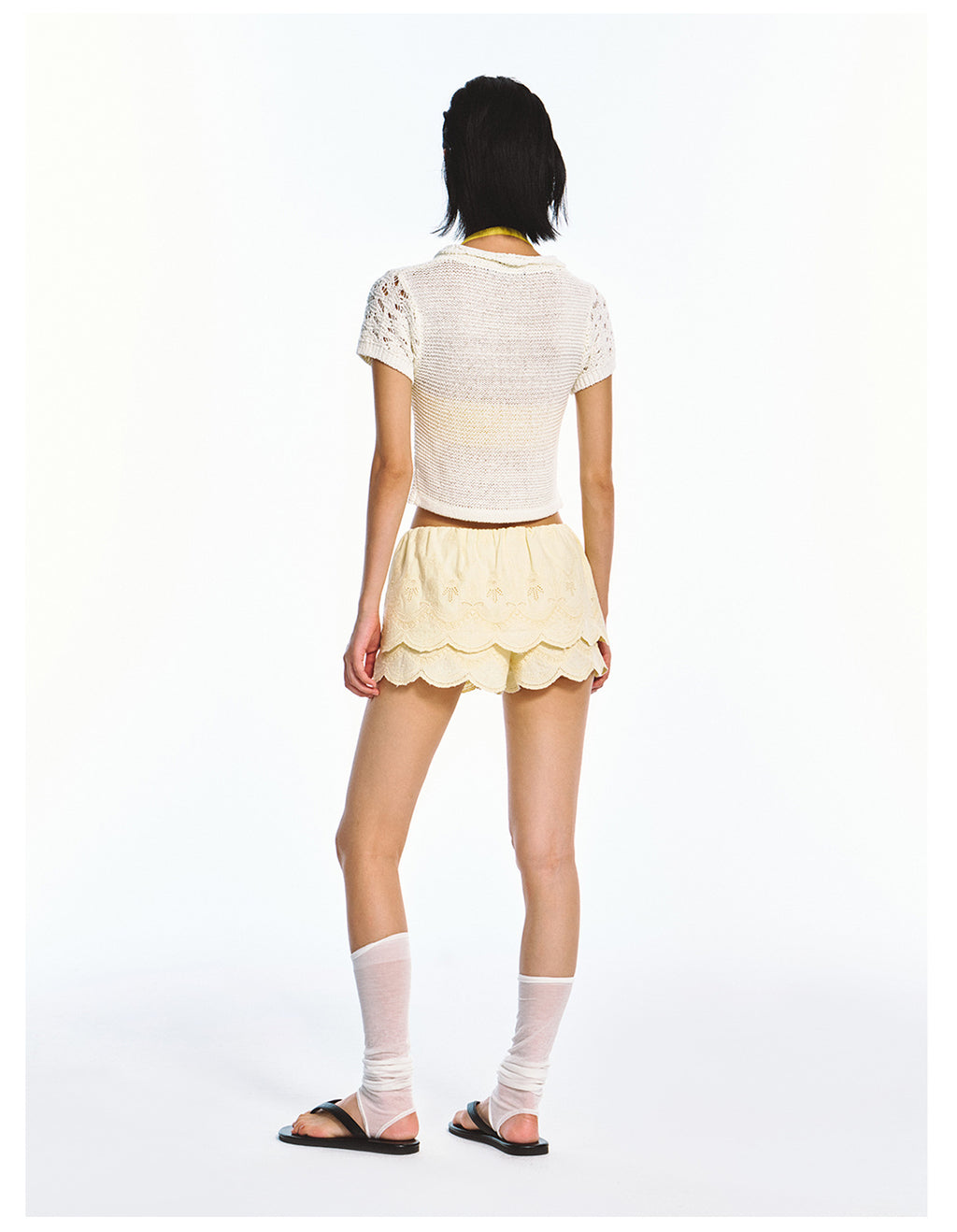 Linen-cotton Layered Embroidered Elastic Waist Mini Skirt with Shorts